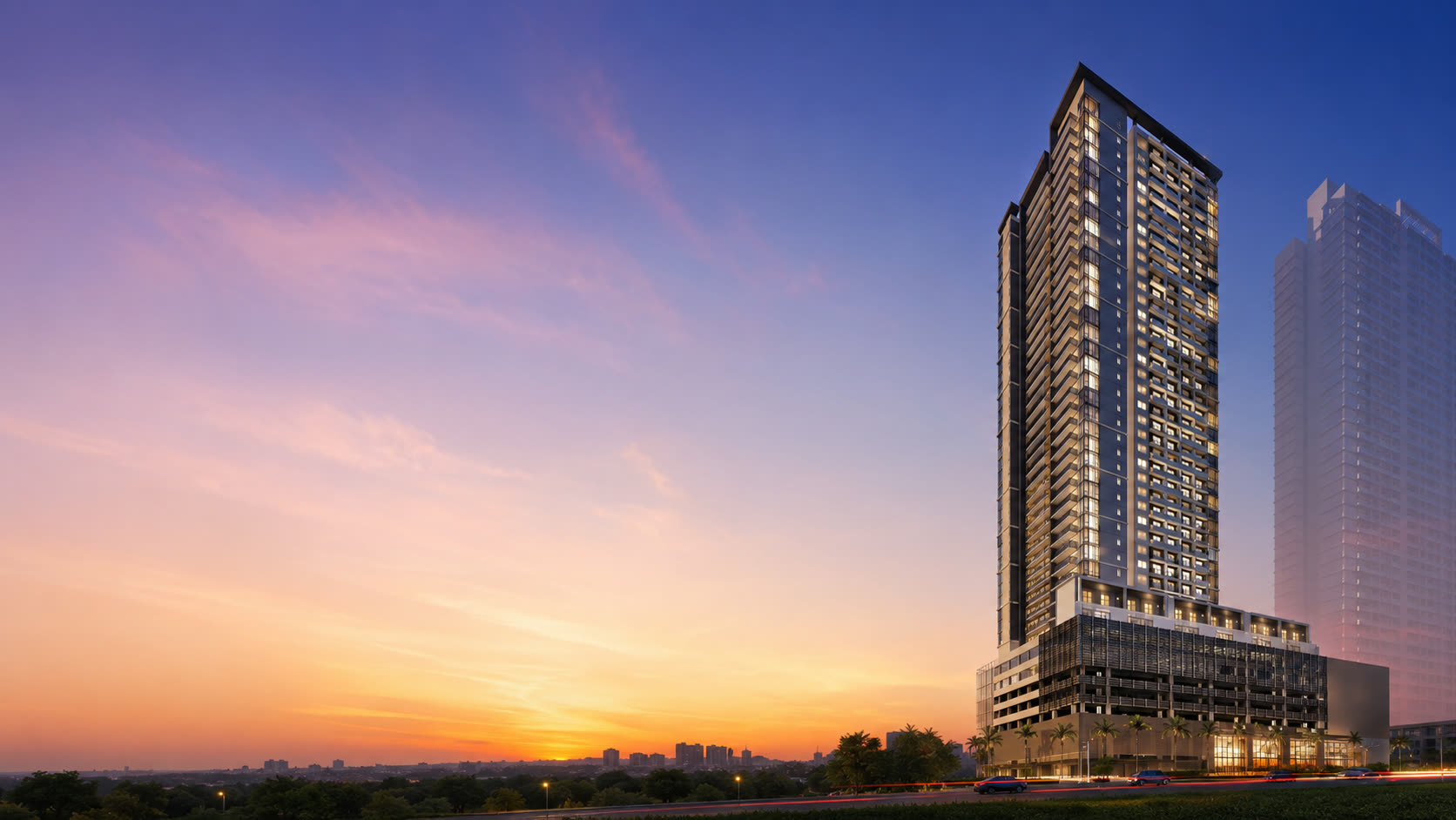 Maple at Verdant Towers residential tower at sunset